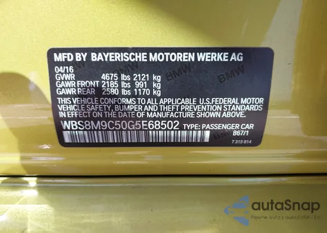 2016 BMW M3 from USA, damaged, VIN WBS8M9C50G5E68502